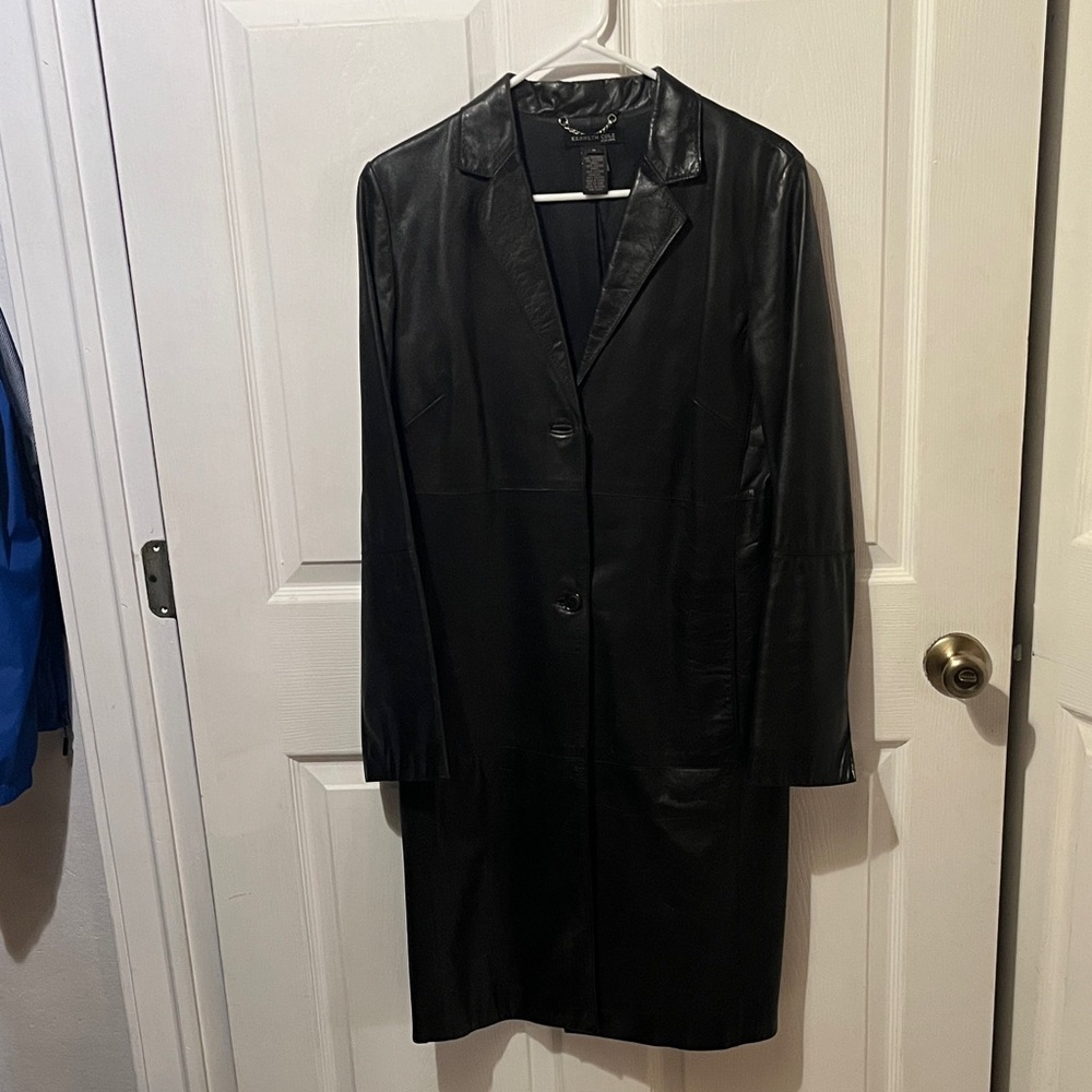 Kenneth Cole New York Long Black Leather Coat